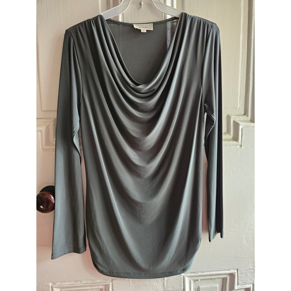 Be Stage Women Long Sleeve Cowl Neck Top Olive  Draped Blouse PT11656 Med